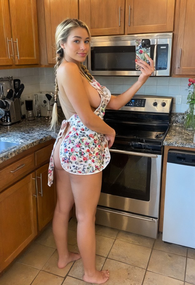 1girl standing,naked underneath floral kitchen apron,bare legs,bare feet,kitchen,wooden cabinets,granite countertop,t…