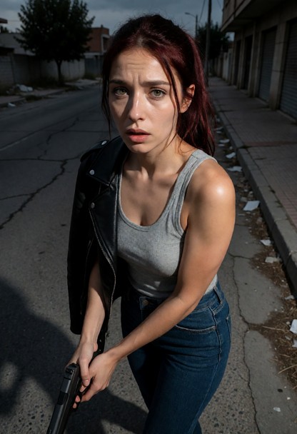 Location: a desolate urban street at dusk, with long shadows stretching across cracked asphalt and debris-strewn side…