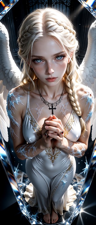 1girl, standing inside of a cristal with her hands in front of her body like she is praying, Frozen ice effects on he…