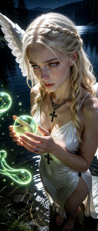 she is standing in shallow lake at night, white silk dress, black cross pendant, shallow lake, moonlight, green glowi…