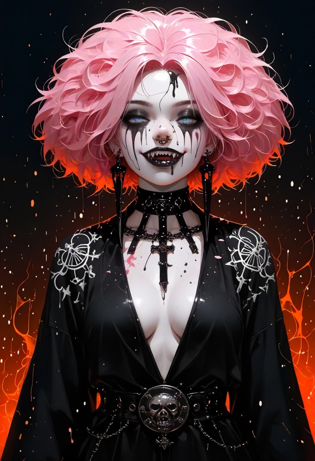 (masterpiece,best quality),a clown with a fluffy pink afro wig,heavy white face paint with exaggerated black eyebrows…