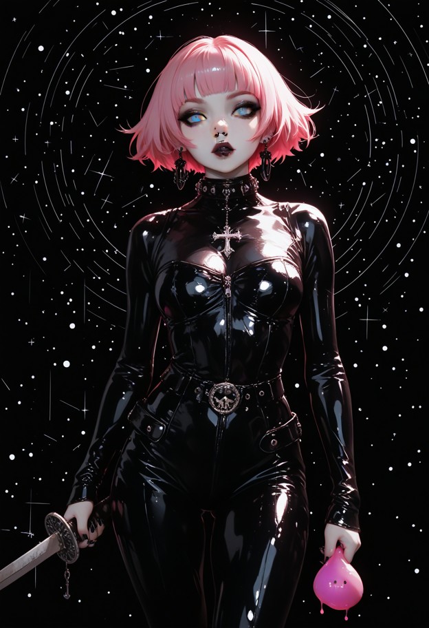 1girl.a close up of a woman in a black latex bodysuit holding a sword,a comic book panel by stanley artgerm,featured …
