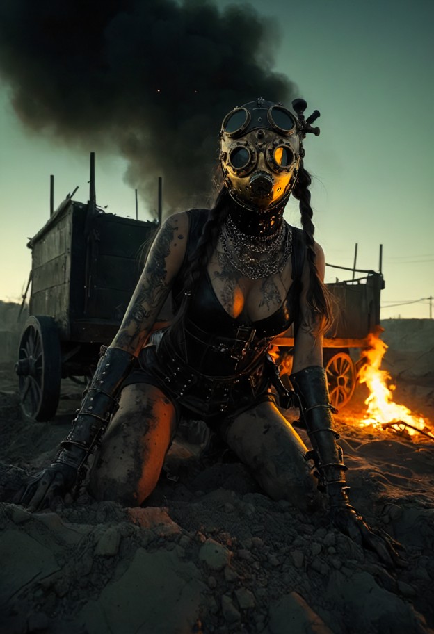 a realistic,gritty cinematic low-angle shot of 1girl crawling behind a barrier of sandbags and heavy barbed wire. in …