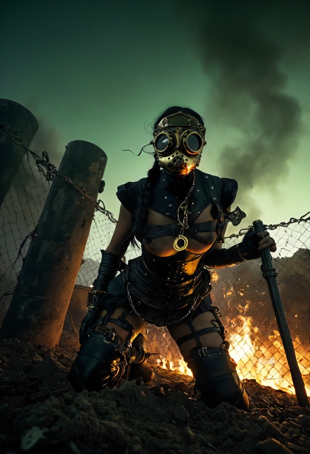 a realistic,gritty cinematic low-angle shot of 1girl crawling behind a barrier of sandbags and heavy barbed wire. in …