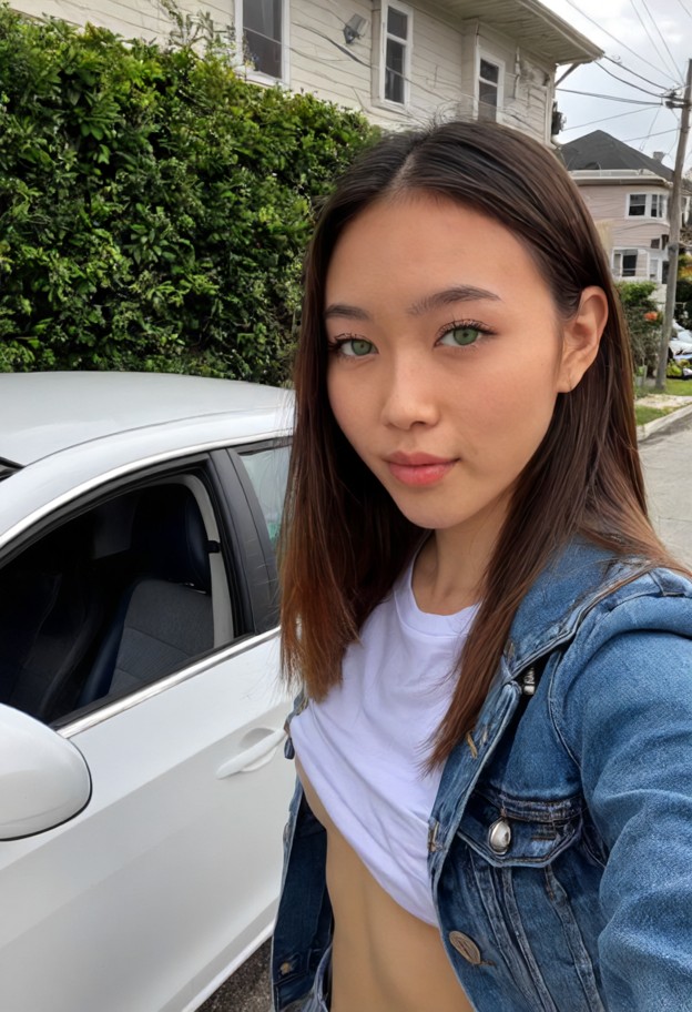 she is standing next to her car,blue denim jacket,white cotton t-shirt,street sidewalk,house,car with open hood,hungr…