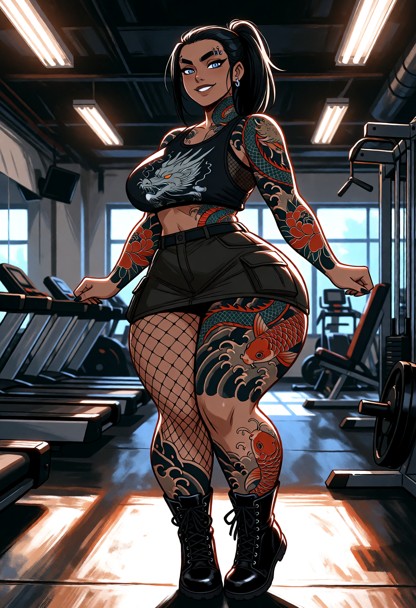 Location: late night in a dimly lit gym with rows of treadmills and weights, illuminated by harsh overhead fluorescen…