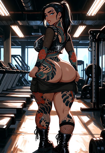 Location: late night in a dimly lit gym with rows of treadmills and weights, illuminated by harsh overhead fluorescen…