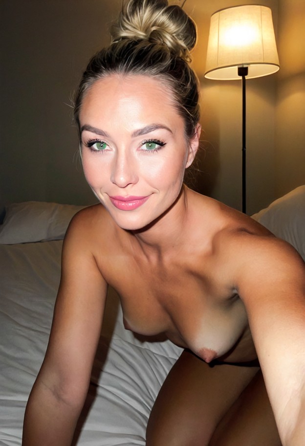 naked,she is is sitting on the edge of the bed leaning forward and smiling,she is touching her thigh,,bedroom,bed,whi…