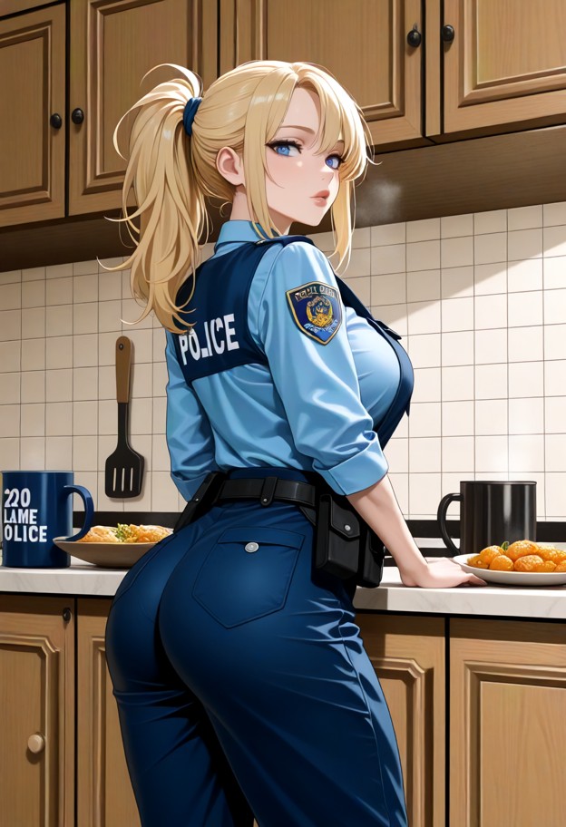 she is standing in the kitchen looking at the viewer,blue police uniform shirt,blue police trousers,black utility bel…
