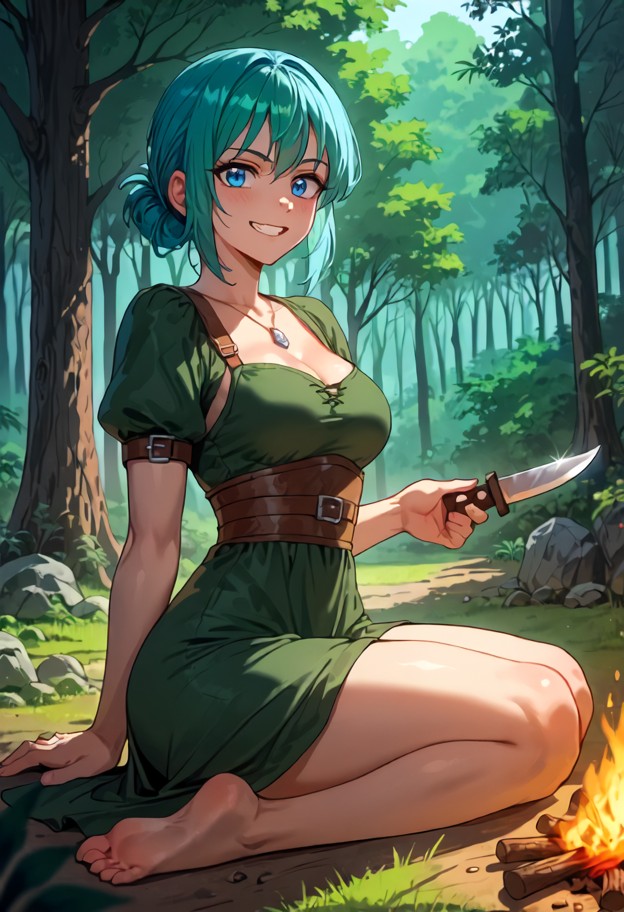 1girl sitting on ground,cleaning knife,leather armor,dark green tunic,night forest clearing,campfire,1girl sitting ag…