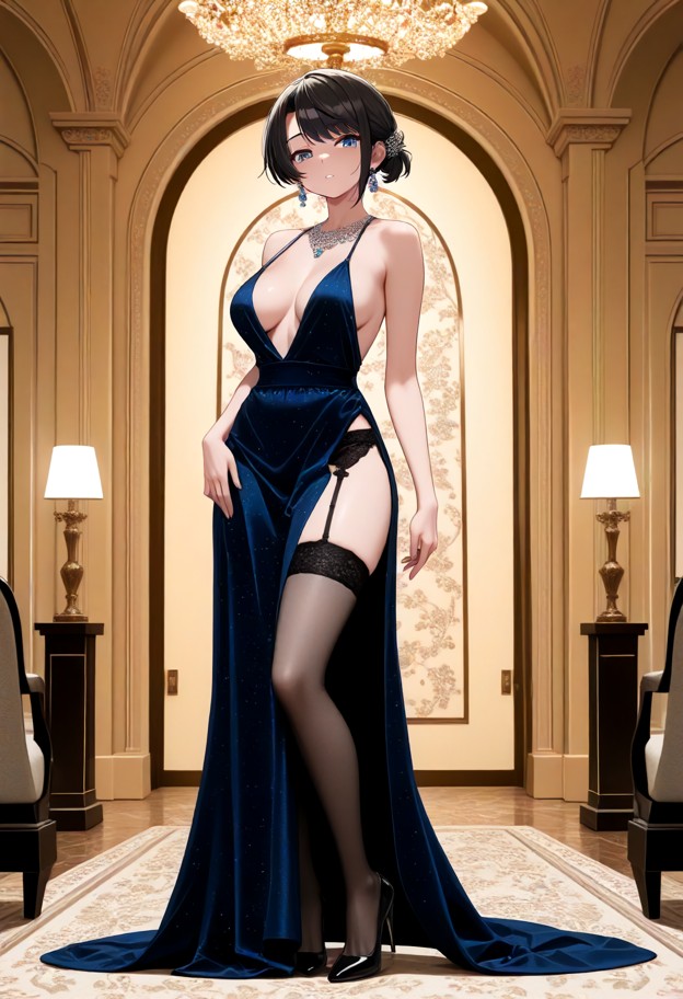 a she is is standing in a luxury ballroom,wearing an evening dress with a slit,garter belt,stockings,and stiletto hee…