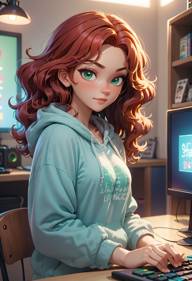 she is typing on keyboard,grey oversized hoodie,white tank top,cozy apartment gaming room,neon lights,multiple monito…
