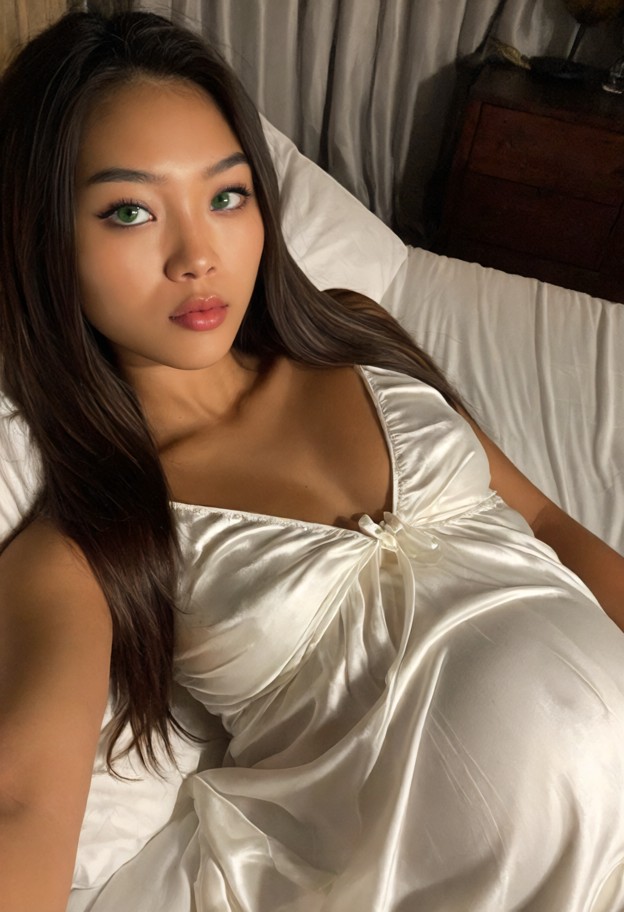 1girl lying on bed touching her pregnant belly,white silk nightgown,silk sheets,bedroom,dark wood furniture,soft ligh…