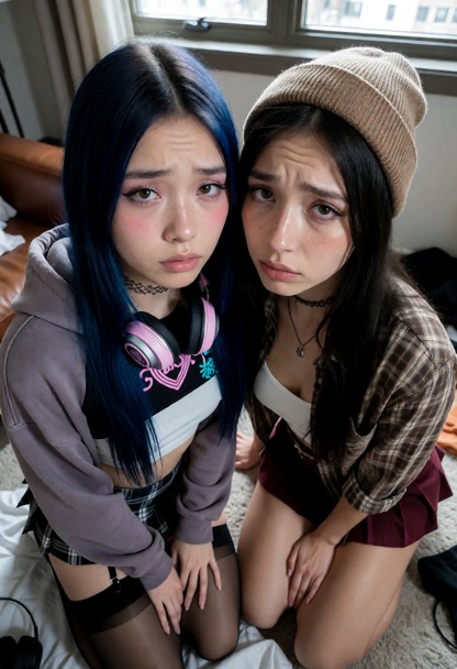 subject and her clone are both on their knees in a messy apartment looking up at the viewer. The scene is lit with da…