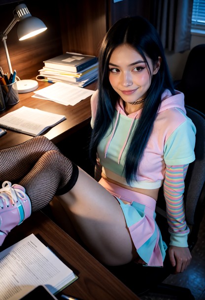 Location: a dimly lit dorm room at night, with the warm glow of a desk lamp casting long shadows across cluttered tex…