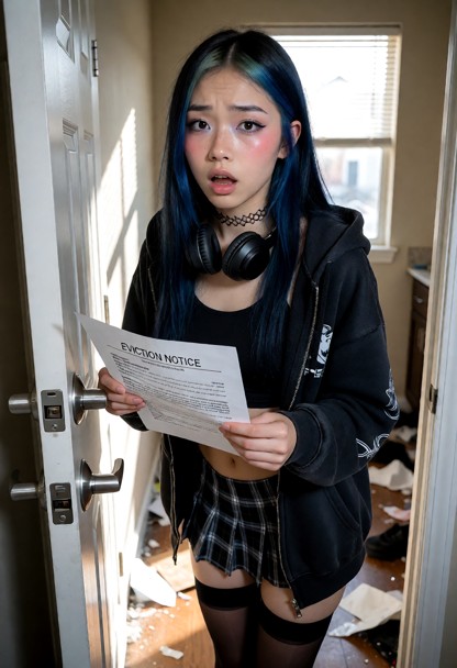 Subject has opened the front door of her apartment to the viewer, It's messy inside the hallway. subject is holding a…