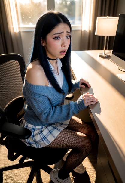 Location: bright office in the morning with warm sunlight streaming through a large window, casting long, soft shadow…