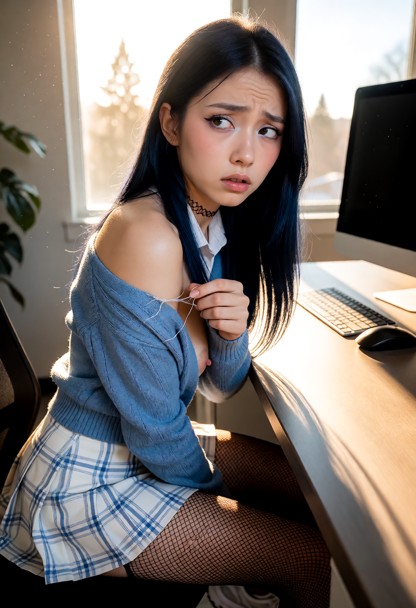 Location: bright office in the morning with warm sunlight streaming through a large window, casting long, soft shadow…