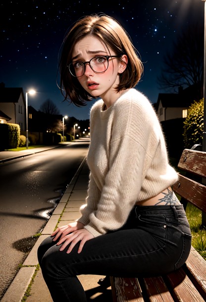 Location: a quiet suburban street at night under a vast dark sky filled with twinkling stars, with the soft glow of d…