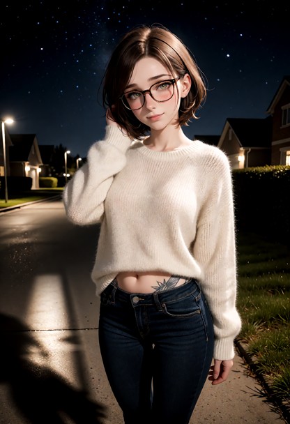 Location: a quiet suburban street at night under a vast dark sky filled with twinkling stars, with the soft glow of d…