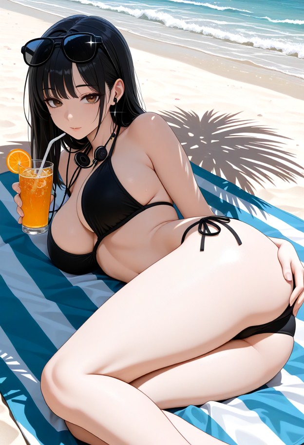 zully manikari is lying on her side on a beach towel holding a drink,black nylon bikini top,black nylon bikini bottom…