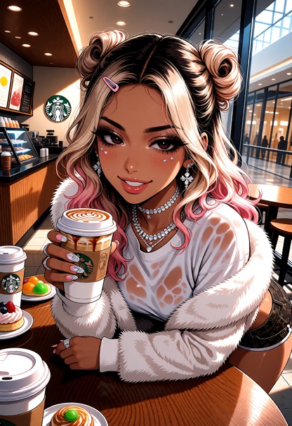 Location: bright afternoon inside a modern Starbucks with warm wooden textures, polished counters, and large glass wi…