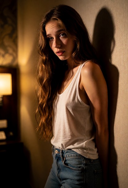 Location: dim hotel room entryway with warm, low-key lighting from a bedside lamp casting soft amber glows and long, …