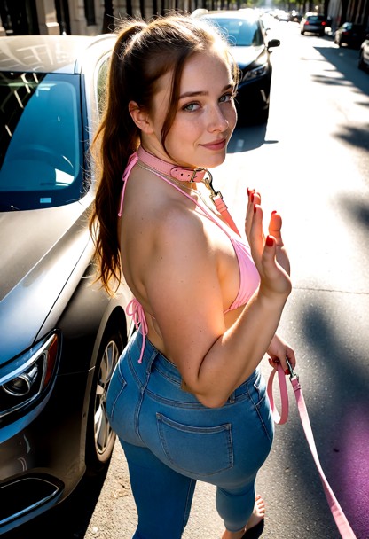 Location: on a sun-drenched city street where bright afternoon light glints off car windshields and creates high-cont…
