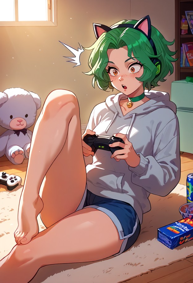 aria sits on the floor looking shocked and bashful,oversized grey cotton hoodie,dark blue fabric shorts,bare,messy ap…