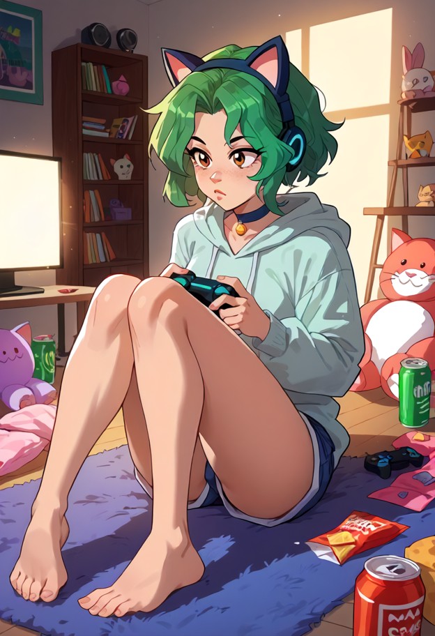 aria sits on the floor looking forward,oversized grey cotton hoodie,dark blue fabric shorts,bare,messy apartment inte…