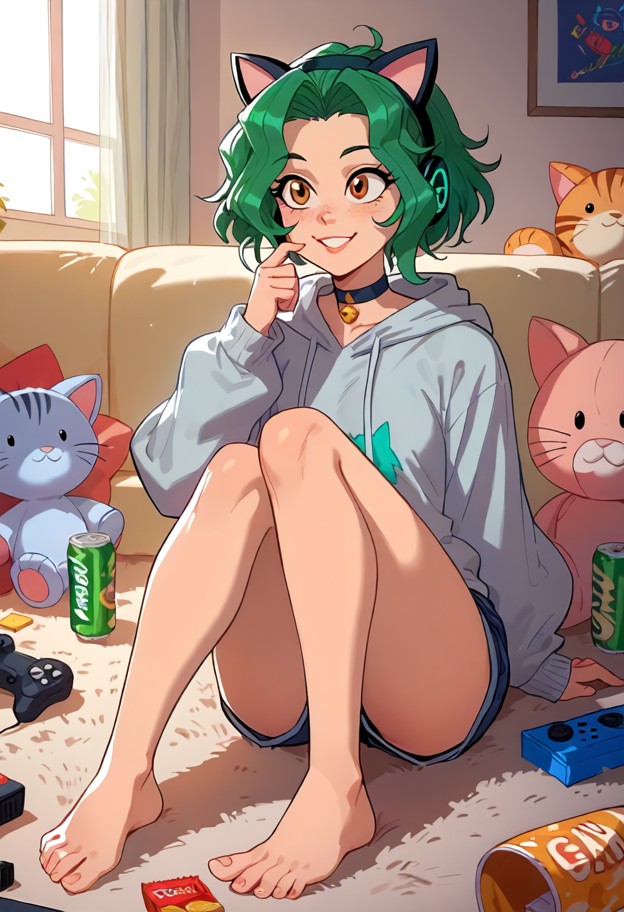 aria sits on the floor leaning against the couch,looking up from her notebook,happy,oversized grey cotton hoodie,dark…