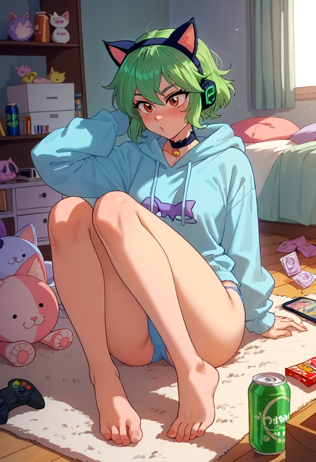 aria sits on the floor with a shy expression,oversized grey cotton hoodie,blue panties with cat print,bare,messy apar…