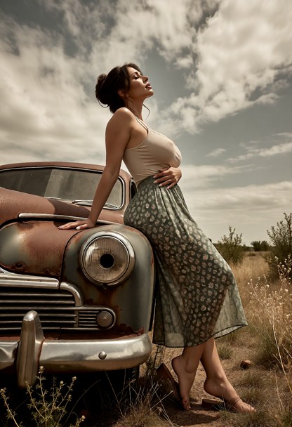 L'image montre une jeune femme appuyée contre le capot d'une vieille voiture usée par le temps, dans un décor extérie…
