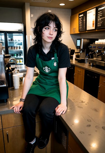 A quiet, empty Starbucks kitchen after closing. Nora is sitting casually on the edge of the kitchen counter, still we…