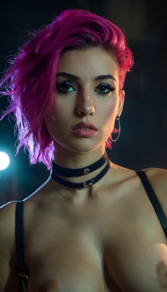 close-up of jade's face,sharp confident eyes,bold eyeliner,purple undercut hair,small nose ring,determined protective…