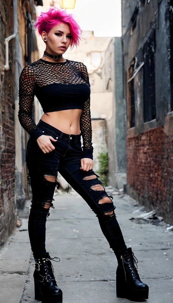 jade in a black mesh long-sleeve layered under a graphic crop top,chain jewelry,ripped black jeans,platform boots,moo…