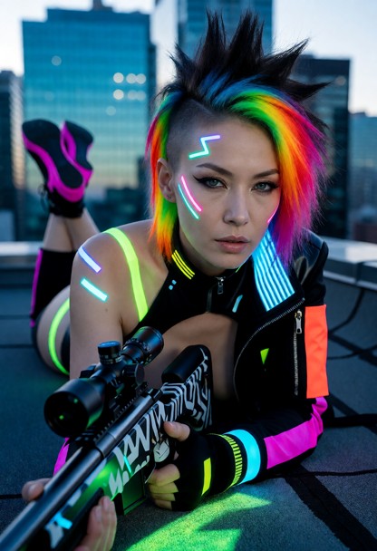 a lone girl lying on her stomach on the roof of a building holds a sniper rifle in her hands., cyberpunk outfit, tech…