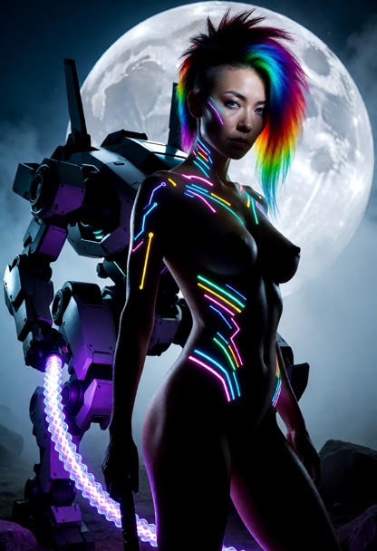 tessa standing in silhouette in front of her compact mech, plasma whip glowing brightly beside her, enormous moon beh…