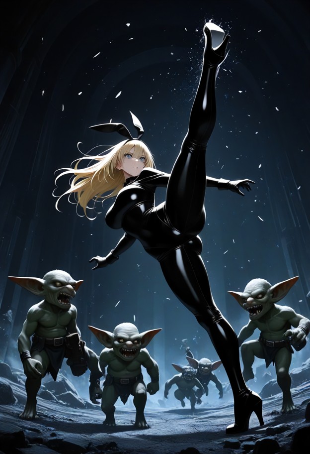 (dynamic action shot:1.4),(full body composition:1.3),a fierce woman fiercely kicking one goblin away:1.5,(exact spli…