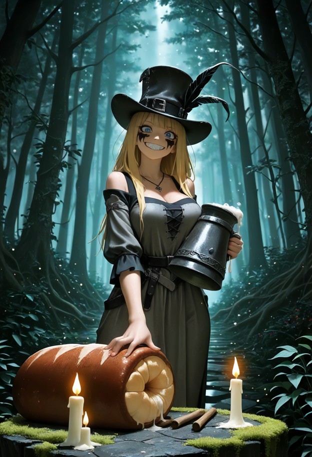 (vertical composition:1.3),medieval dark fantasy style,(deep sherwood forest:1.2),ancient long stone table stretching…