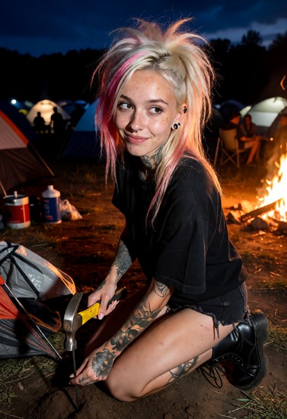 Location: evening at a crowded campsite under a dim twilight sky, with the orange glow of distant campfires casting f…