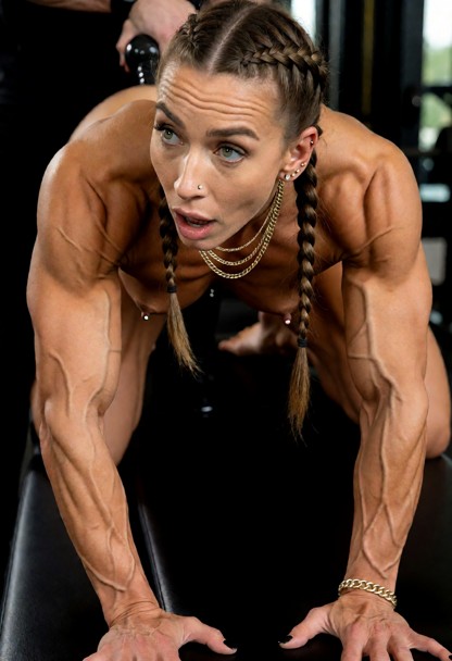 low angled view from muscled blonde female with medium sized breasts wearing a black strapon dildo penetrating the wo…