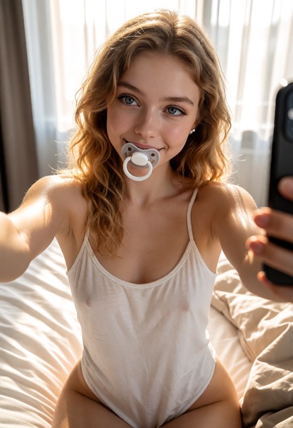 Location: a sunlit bedroom in a quiet hotel room with soft morning light filtering through sheer white curtains, cast…