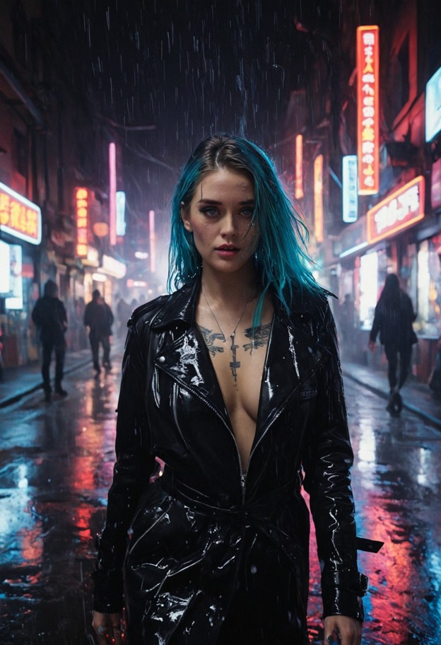 subject & expression:
a
 dynamic mid-shot of the woman in full motion,sprinting through a 
crowded cyberpunk night ma…