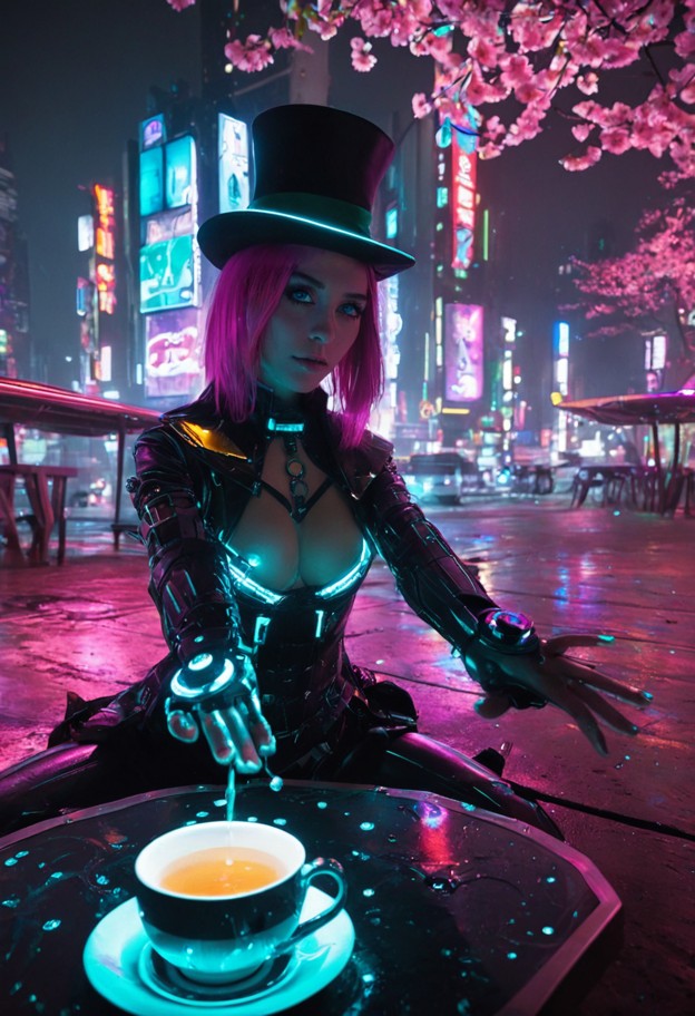 (mad hatter:1.2),(cyberpunk aesthetic:1.2),tea party scene,wide-angle
 shot,extreme close-up on tea table,(futuristic…