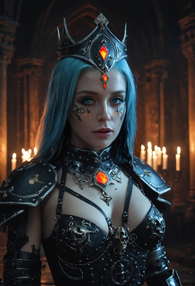 a hyper-realistic cinematic portrait of inquisitor in the 
grimdark 41st millennium. she has a cold,porcelain-like fa…