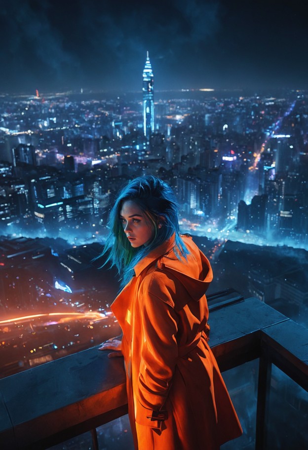 breathtaking
 wide view from a skyscraper ledge,looking down at an endless sea of 
neon city lights and flying vehicl…