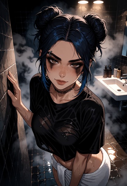 Location: a steamy, dimly lit bathroom where thick white vapor curls through the air, catching the soft glow of overh…