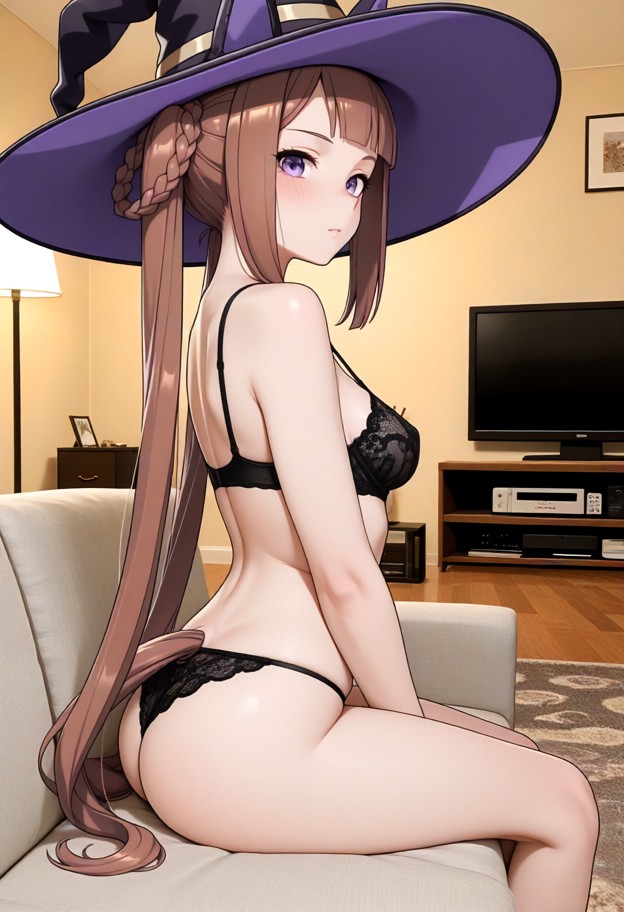 sweep tosho sitting on viewer's lap,boobs,black lace underwear,tidy living room,soft couch,open doorway,television li…