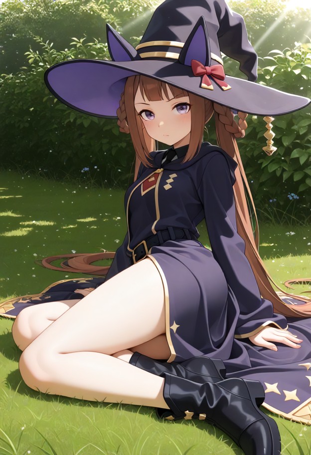 sweep tosho sits cross-legged on the grass,black witch hat,dark purple magic robe,black leather boots,peaceful park,l…
